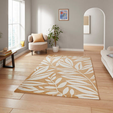 Catherine Lansfield Sorral Leaves Modern Botanical Floral Durable Easy-Care Carved High Density Polyproplyene Ochre/Cream Rug-Think Rugs-Rug Love - The Most Loved Rug Store